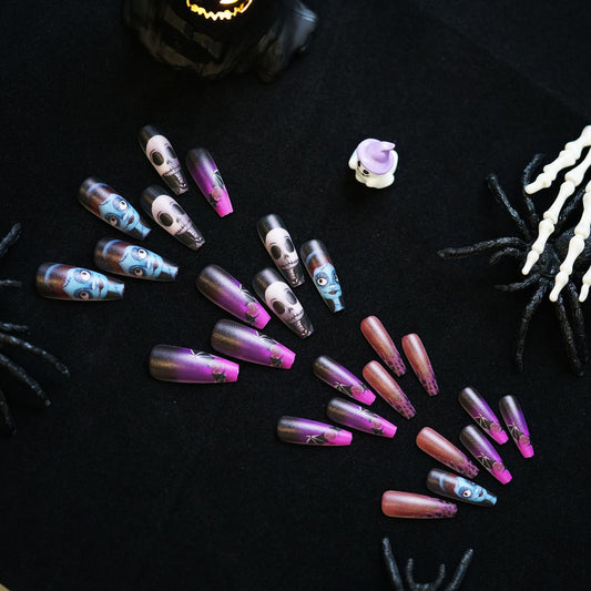Spooky Elegance Long Coffin Purple Ombre with Unique Skull and Floral Designs Nail Set
