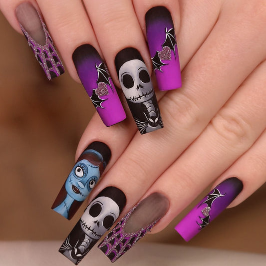 Spooky Glamour Long Square Purple and Black Press On Nail Set with Halloween Themed Designs