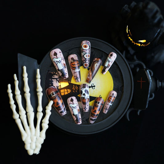 Hauntingly Elegant Long Coffin Orange and Black Halloween-Themed Press-On Nail Set with Spooky Designs