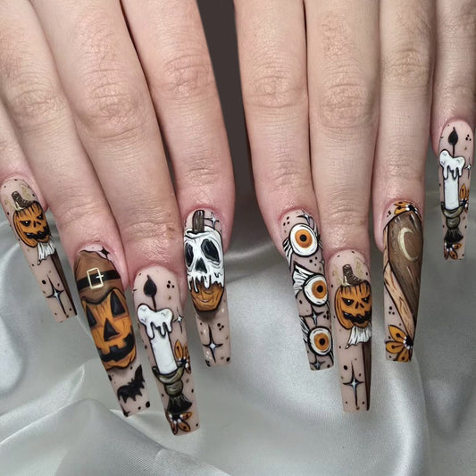 Spooky Elegance Long Coffin Orange and Black Halloween Themed Press-On Nail Set with Intricate Pumpkin and Skull Designs