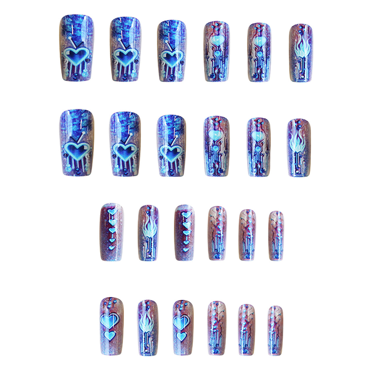 Cosmic Dreams Long Square Blue Metallic Press On Nail Set Featuring Artistic Heart and Flame Designs