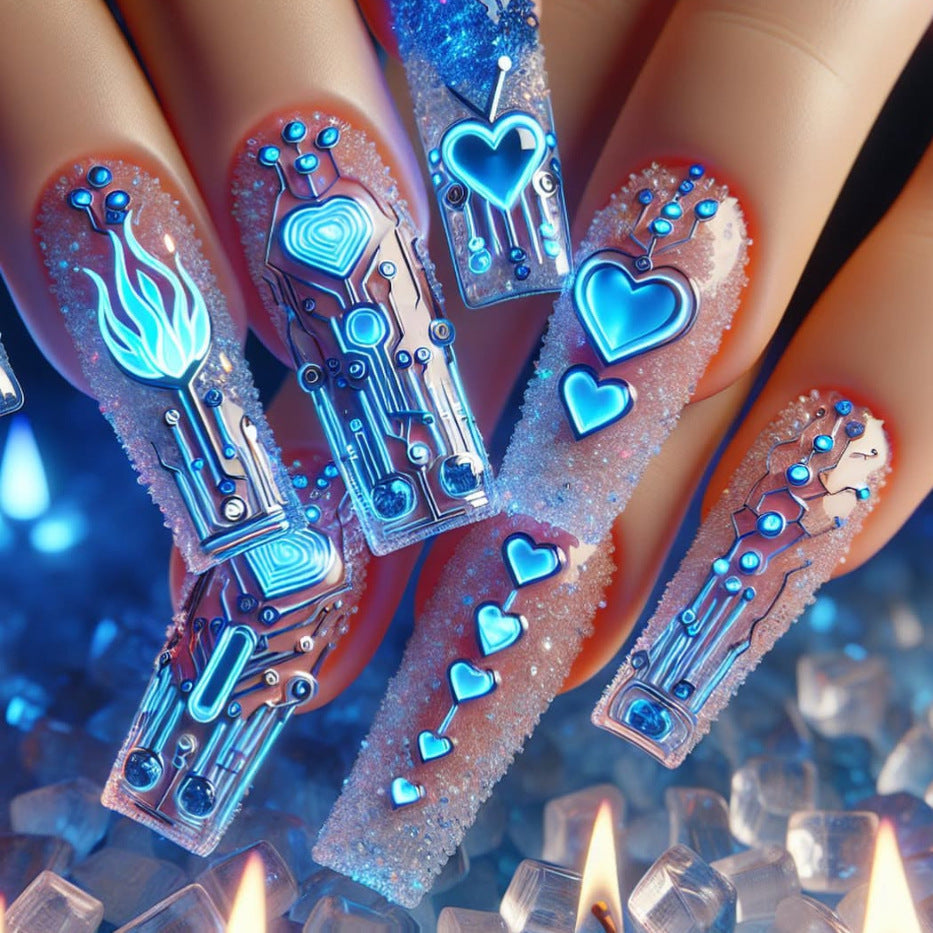Futuristic Fantasy Long Square Blue Holographic Neon Heart Nail Set