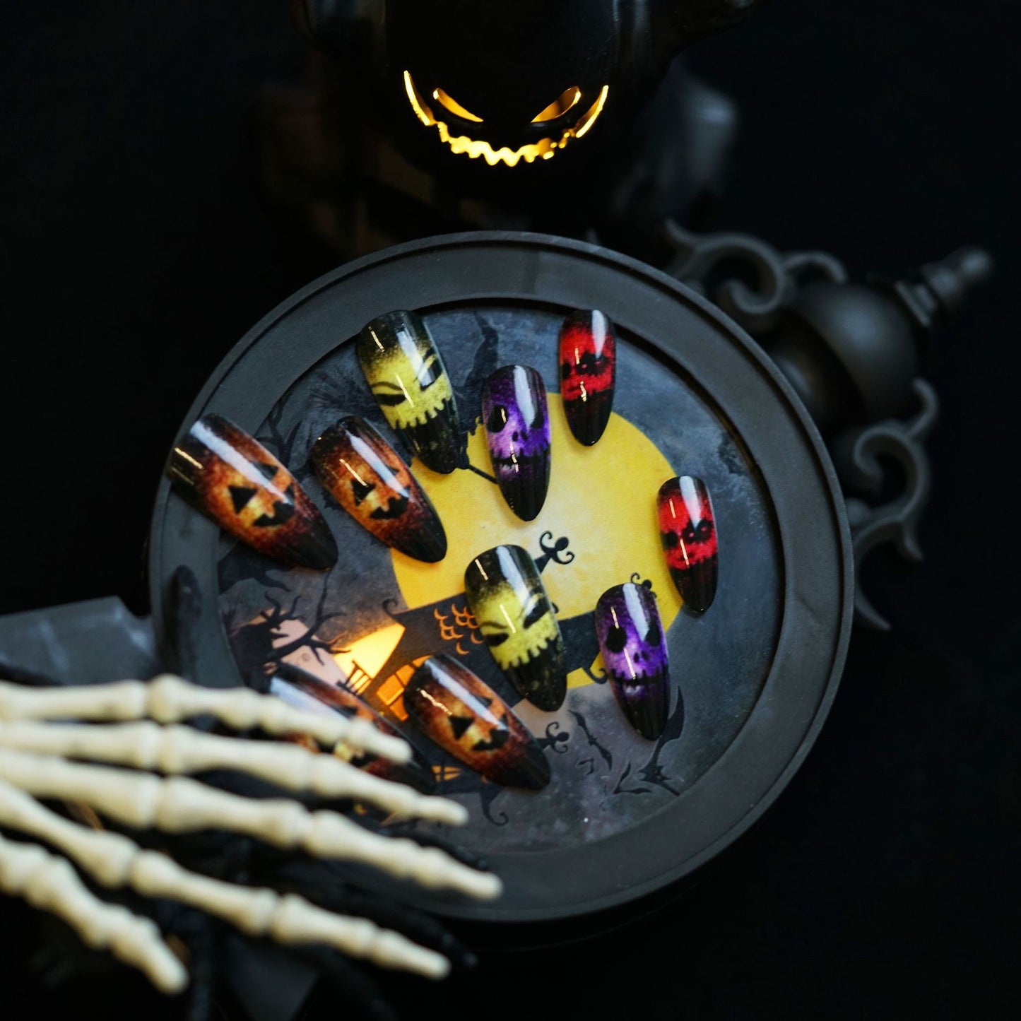 Halloween Haunted Medium Almond Press On Nails in Dark Purple Spooky Skull Design