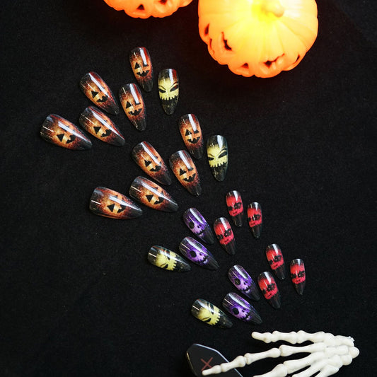 Halloween Glamour Medium Almond Shape Black and Orange Gradient with Spooky Pumpkin Faces Press On Nail Set