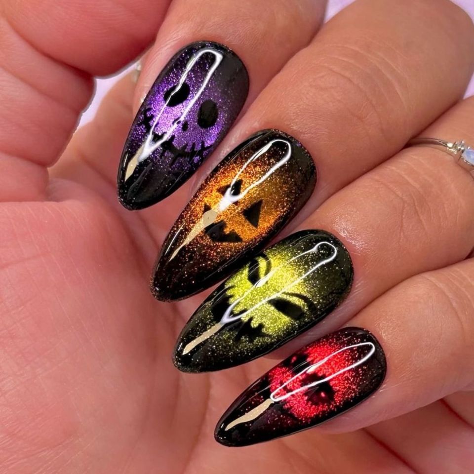 Spooky Celebration Medium Almond Black and Colorful Glow in the Dark Nail Set