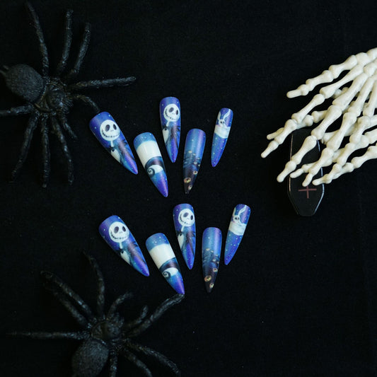 Spooky Enchantment Long Stiletto Purple with Whimsical Character Design Press on Nail Set