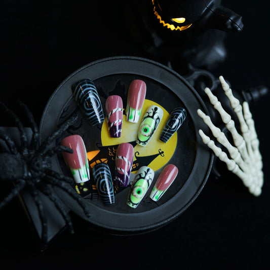 Spooky Season Long Coffin Shaped Multicolored Press on Nails with Halloween Themed Designs