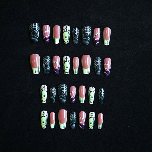 Mystical Glow Long Coffin Pink and Purple Surprise Eye Design Press on Nail Set