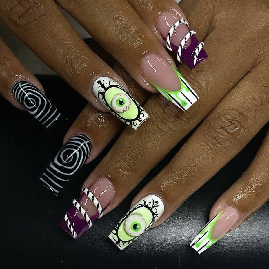 Eerie Elegance Long Coffin Green Black and White Spiral Design with Eyeball Accent Press on Nail Set