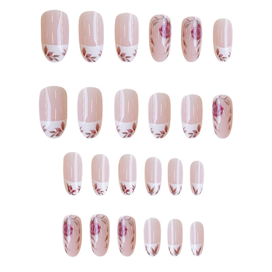 Elegant Floral Dreams Long Oval Beige with Artistic Leaf Design Press On Nail Set