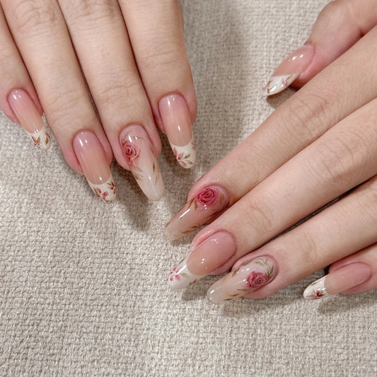 Blossom Elegance Long Oval Pink Ombre Nail Set with Floral Design