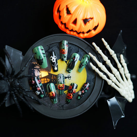 Hauntingly Elegant Long Coffin Matte Green and Black Halloween Themed Press On Nail Set with Spooky Designs