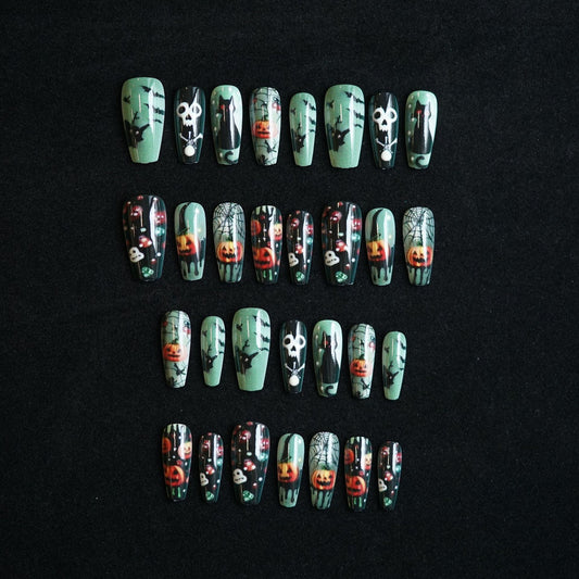 Hauntingly Glamorous Long Coffin Green and Black Press on Nail Set with Enchanting Halloween Design