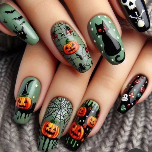 Spooky Season Elongated Long Coffin Green with Halloween Characters and Dripping Detail Press on Nail Set