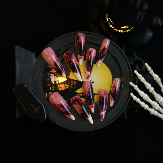 Spooky Elegance Long Stiletto Ombre Red and Black with Tapered Tips Nail Press Set