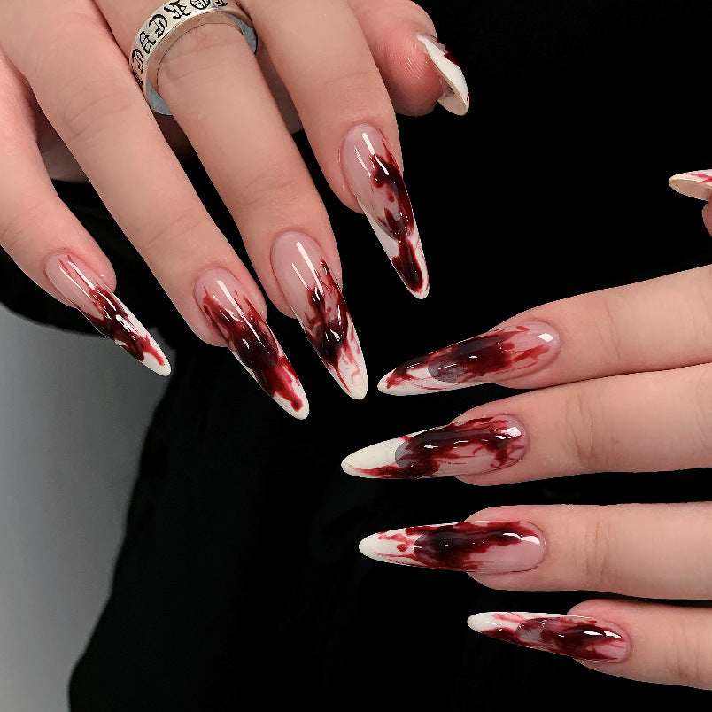 Gothic Elegance Long Stiletto Shaped Blood Red and Cream Nail Set with Dripping Effect