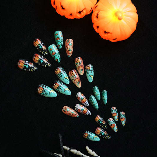 Haunting Harvest Extended Medium Almond Shaped Vibrant Orange and Teal Pumpkin Design Press On Nail Set