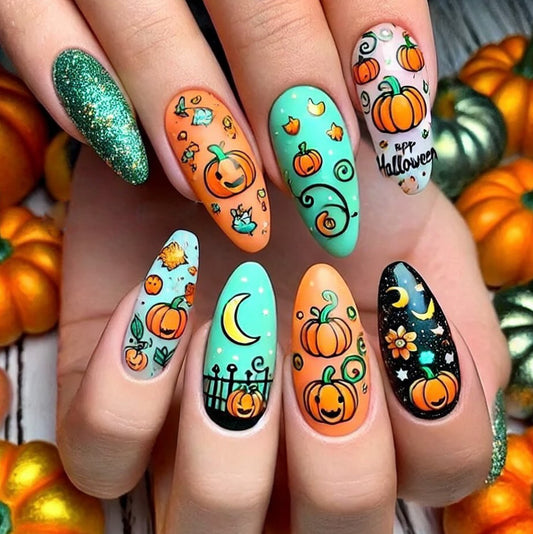 Spooktacular Halloween Press-On Nail Set Medium Almond Shape Vibrant Orange and Mint Green with Whimsical Pumpkin and Moon Designs