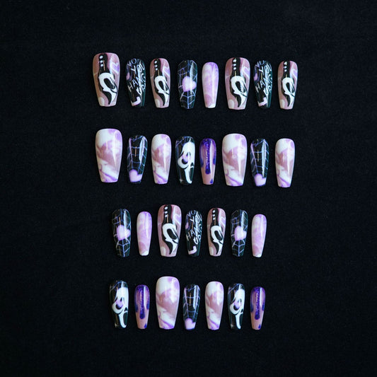 Spooky Vibes Long Coffin Purple and Black Gradient with Unique Graphic Designs Press-On Nail Set