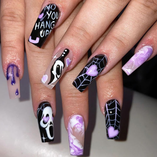 Spooky Glam Long Square Purple and Black Nail Set with Unique Halloween Designs