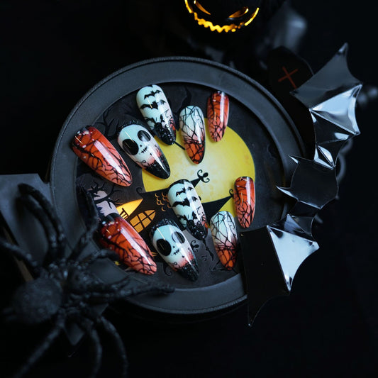 Spooky Halloween Medium Almond Orange and Black Skulls with Spiderweb Design Press On Nail Set