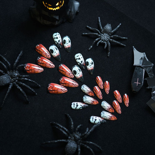 Spooky Chic Medium Almond Red and White with Haunting Spider Web Design Press On Nail Set