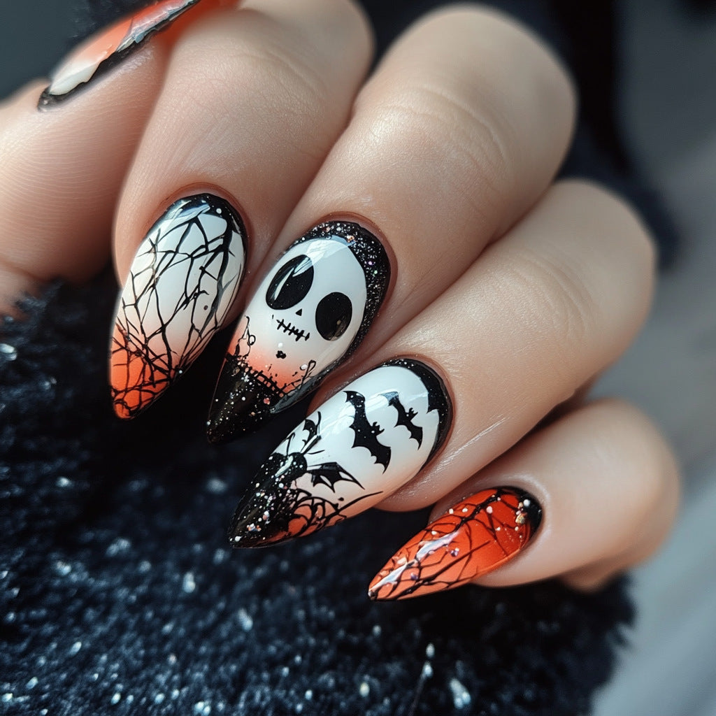 Spooky Autumn Inspired Medium Almond Orange and Black Nail Set with Halloween Themed Designs