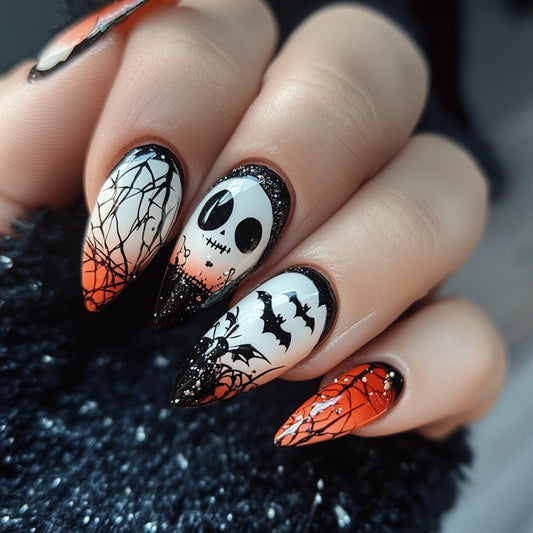 Spooky Autumn Inspired Medium Almond Orange and Black Nail Set with Halloween Themed Designs