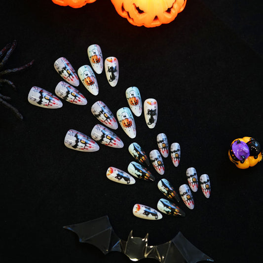 Spellbinding Medium Almond Shaped White and Black Nail Set with Enchanting Halloween Designs