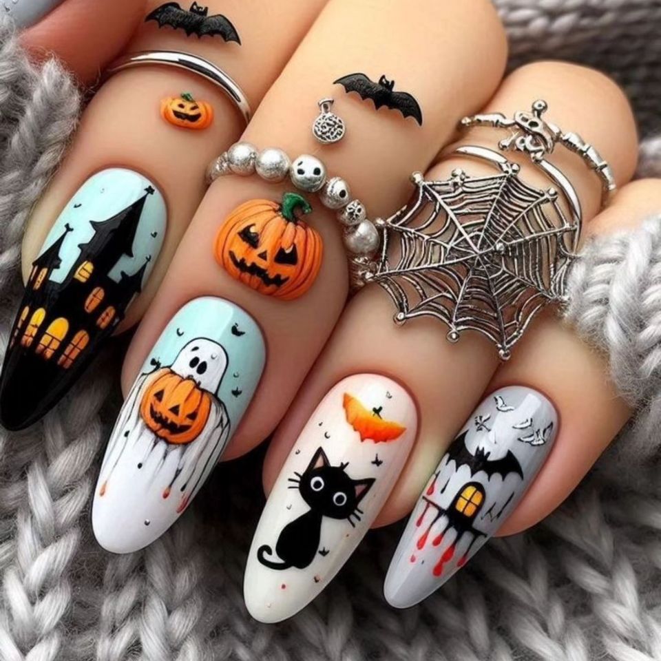 Spooky Elegance Long Almond Orange and Black Halloween Themed Press On Nail Set with Unique Cat and Pumpkin Designs