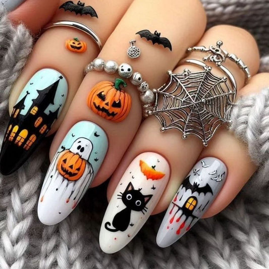 Spooky Elegance Long Almond Orange and Black Halloween Themed Press On Nail Set with Unique Cat and Pumpkin Designs