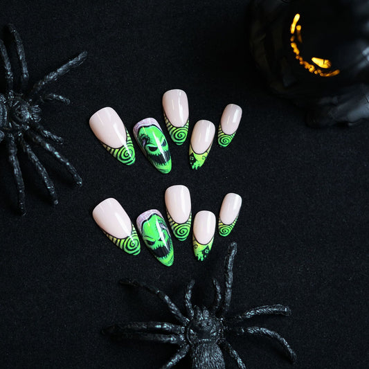 Spooky Glamour Medium Almond Pink and Green Swirl Nail Set with Unique Monster Design