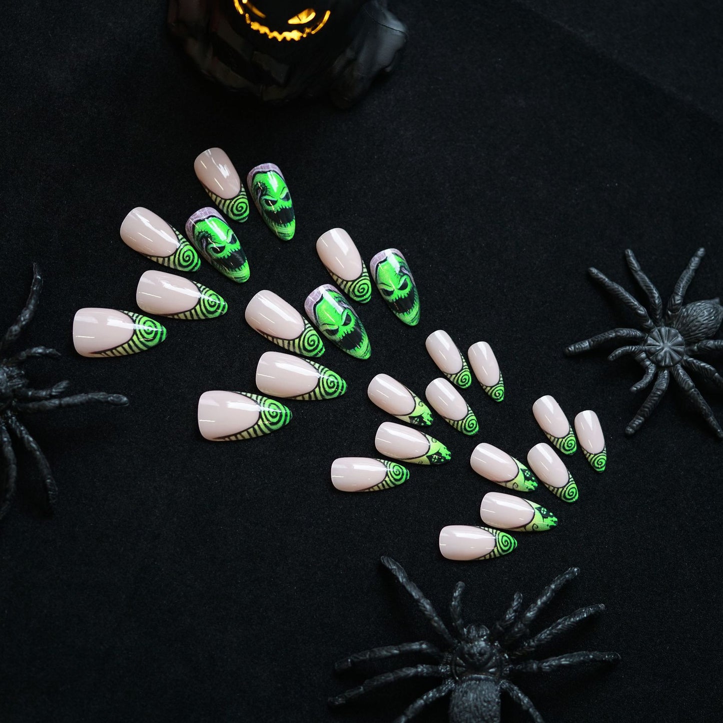 Haunting Glow in the Dark Medium Almond Shaped Neon Green and Pink Press On Nail Set