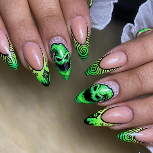 Spooky Glamour Medium Almond Green Swirled Nails with Monstrous Designs