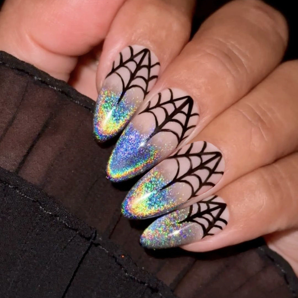 Spooky Glamour Medium Almond Gradient Glitter Spider Web Press On Nail Set