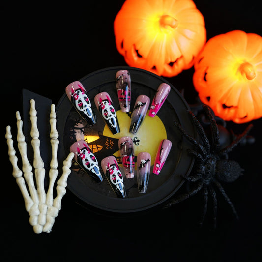 Spooky Halloween Vivid Long Coffin Pink and Black Nail Set with Creepy Skull Designs