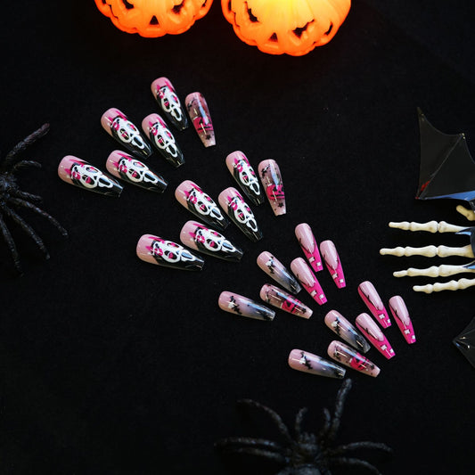 Spooky Glam Long Coffin Pink and Black Press-On Nail Set with Halloween-Inspired Skulls