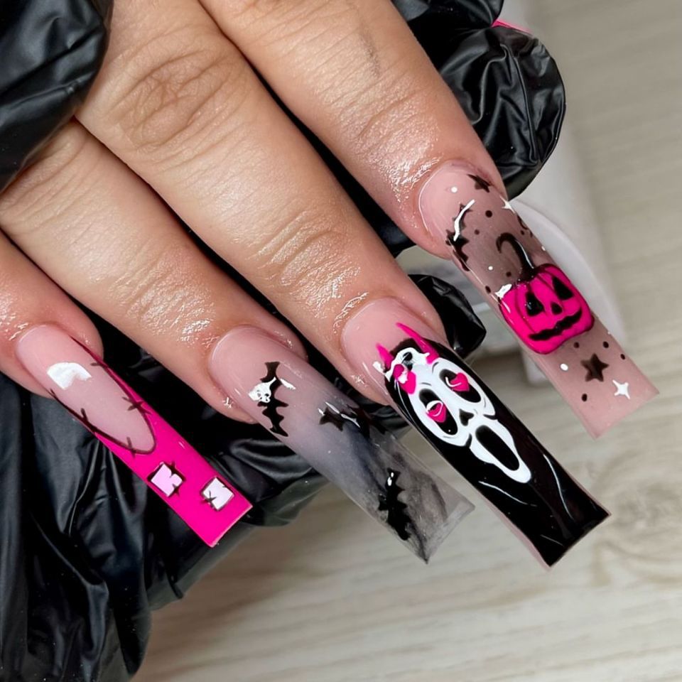 Spooky Glam Long Square Pink Black and Transparent Halloween Themed Press On Nail Set with Unique Artistic Designs