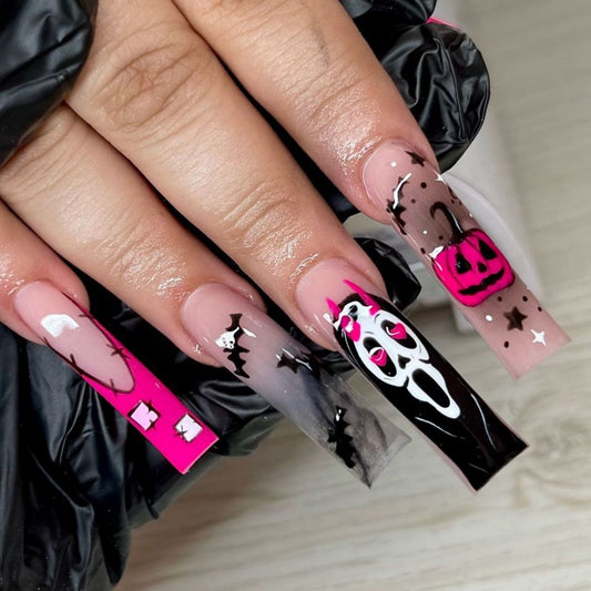 Spooky Glam Long Square Pink Black and Transparent Halloween Themed Press On Nail Set with Unique Artistic Designs