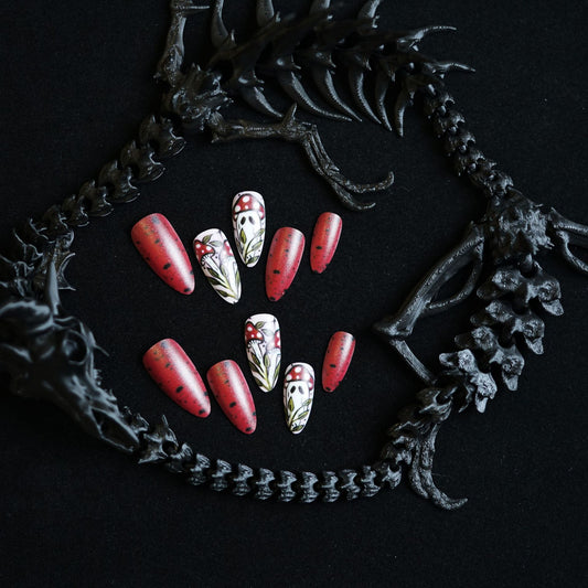 Mystical Forest Red Medium Almond Press On Nail Set Featuring Unique Floral Design