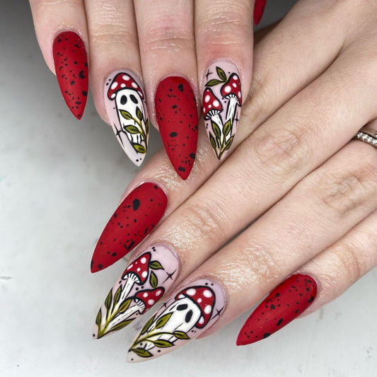 Whimsical Forest Inspired Medium Almond Shaped Bold Red Matte Finish with Playful Mushroom Artwork Press on Nail Set