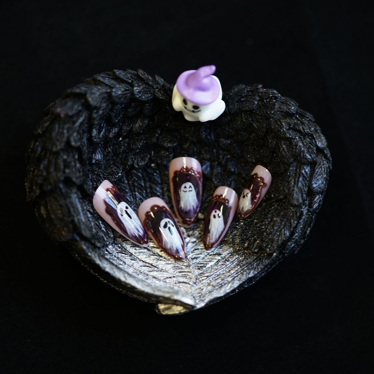 Spooky Specter Medium Almond Pink and Brown with Haunting Ghost Designs Press on Nail Set