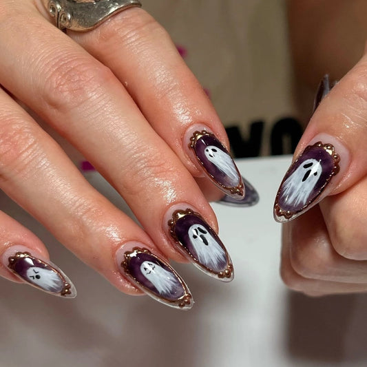 Hauntingly Elegant Medium Almond Shaped Deep Purple Press-On Nail Set with Ghostly Nail Art Detail