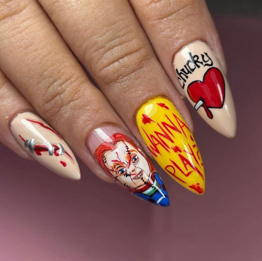 Spooky Glam Medium Almond Orange Red and Yellow with Chucky Character Design Press On Nail Set