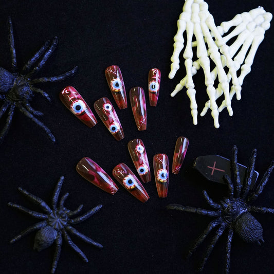 Gothic Horror Long Coffin Red with Eye Detail Press On Nail Set
