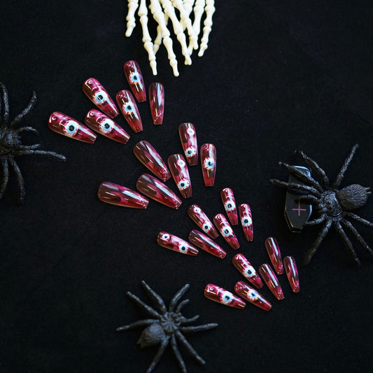 Spooky Eye Catching Long Coffin Shaped Red Press On Nail Set with Unique Nail Art Design