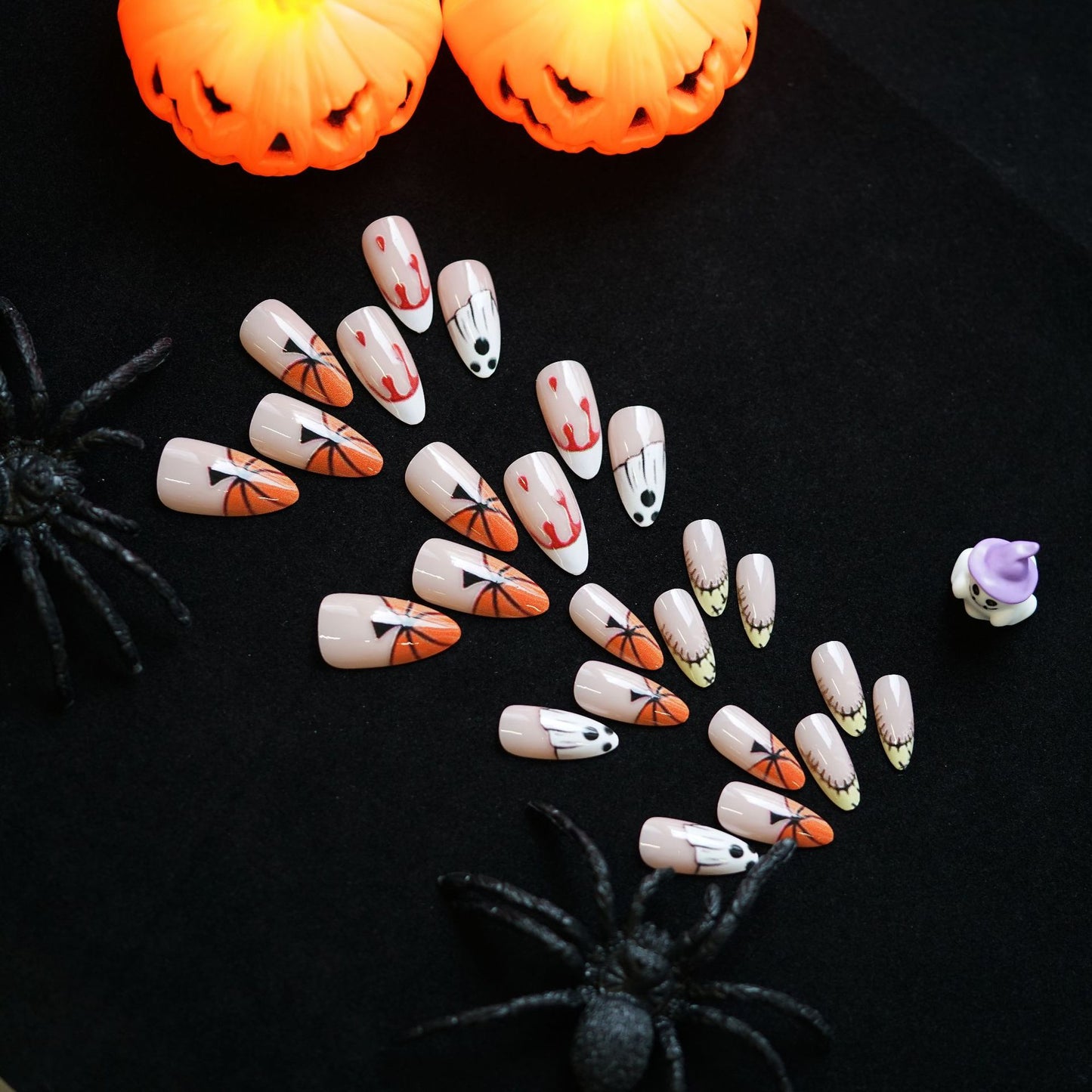 Spooky Halloween Medium Almond Orange and White Gradient with Ghost and Pumpkin Designs Press-On Nail Set