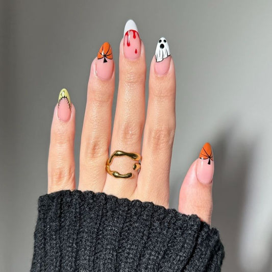Spooky Autumn Medium Almond Shaped Press On Nail Set in Pink with Halloween Themed Designs