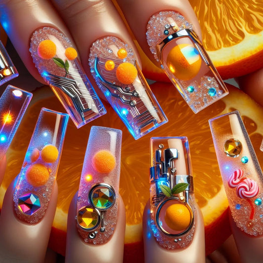 Citrus Dream Medium Square Clear with Colorful Orbs and Light-Up Accents Nail Set
