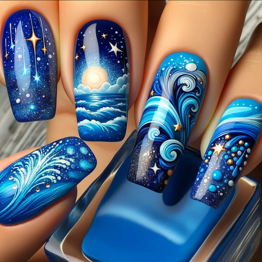 Ocean Dream Medium Square Blue Glossy with Starry Sky Designs Press-On Nail Set